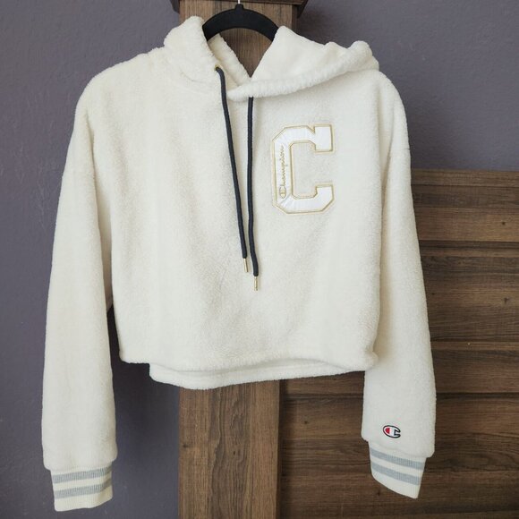 Champion Super Fleece Faux Fur Cropped Pullover Hoodie Small Gold‎ Fuzzy - Picture 2 of 13